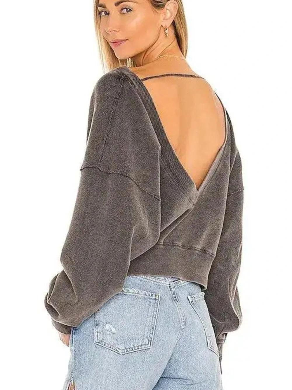 Free People Movement Gray Cropped V-Neck Sweatshirt Small